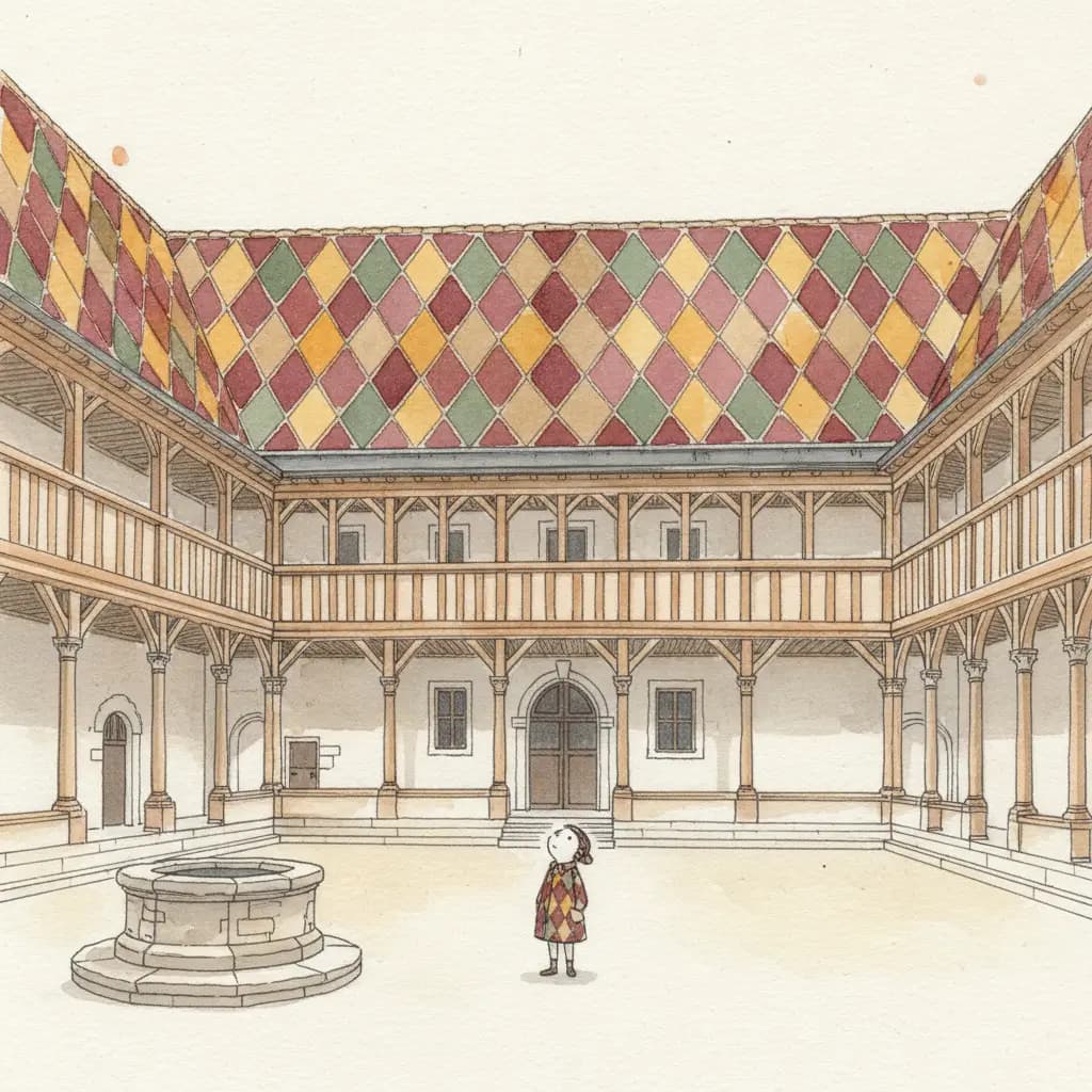 La cour d'honneur — toits polychromes en losanges, galeries en bois, puits central