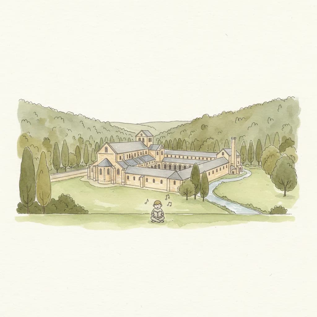 L'abbaye dans sa vallée — pierre blanche, toits de lauze, silence cistercien