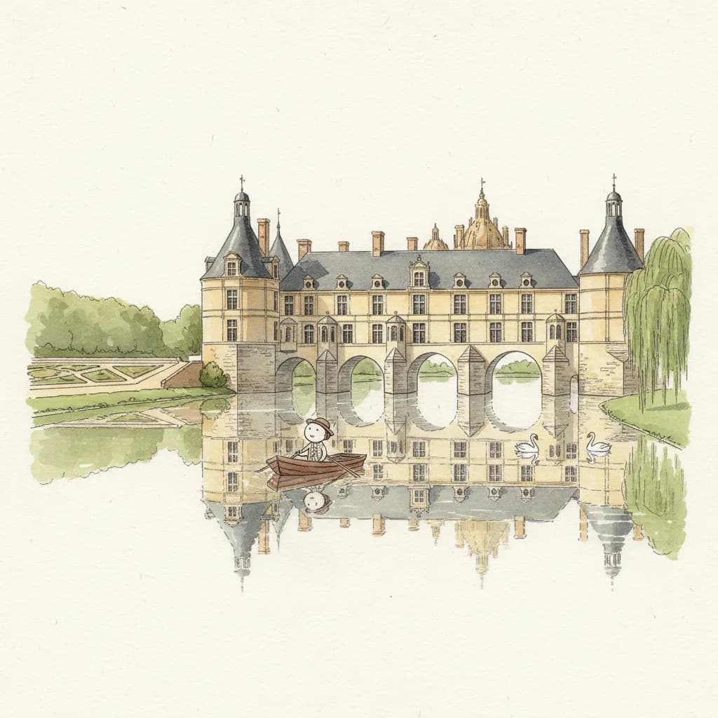 Chenonceau se mire dans le Cher — cinq arches, un château, et son reflet parfait
